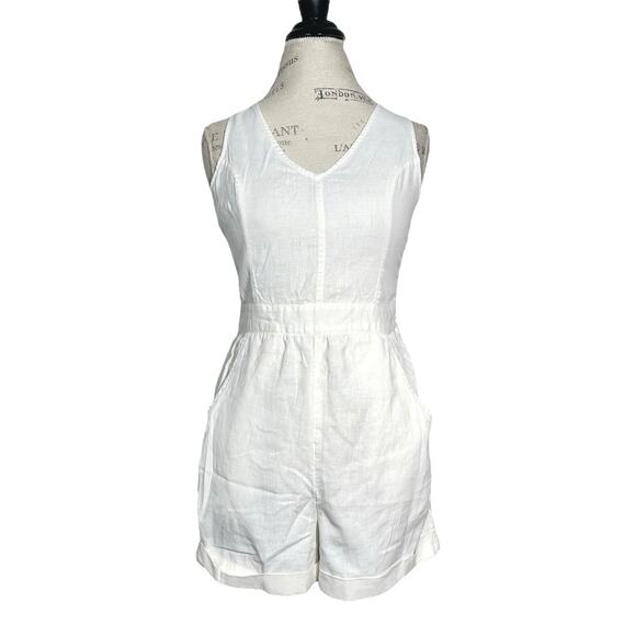 American Eagle | Women | White V-Neck Linen Blend Crossover Short Romper | Small - Picture 2 of 13